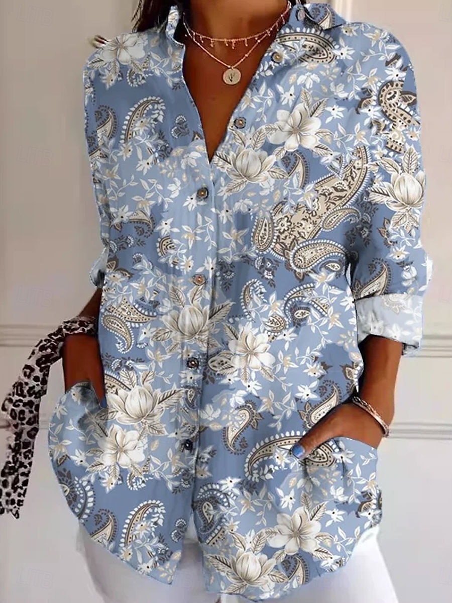 Dames Overhemd Bloemig Grafisch Casual Lange mouw Overhemdkraag Normale tops Werk Dagelijks Knop Afdrukken Geel blauw Groen Lente Herfst Winter 2025 - $32.99 –P3
