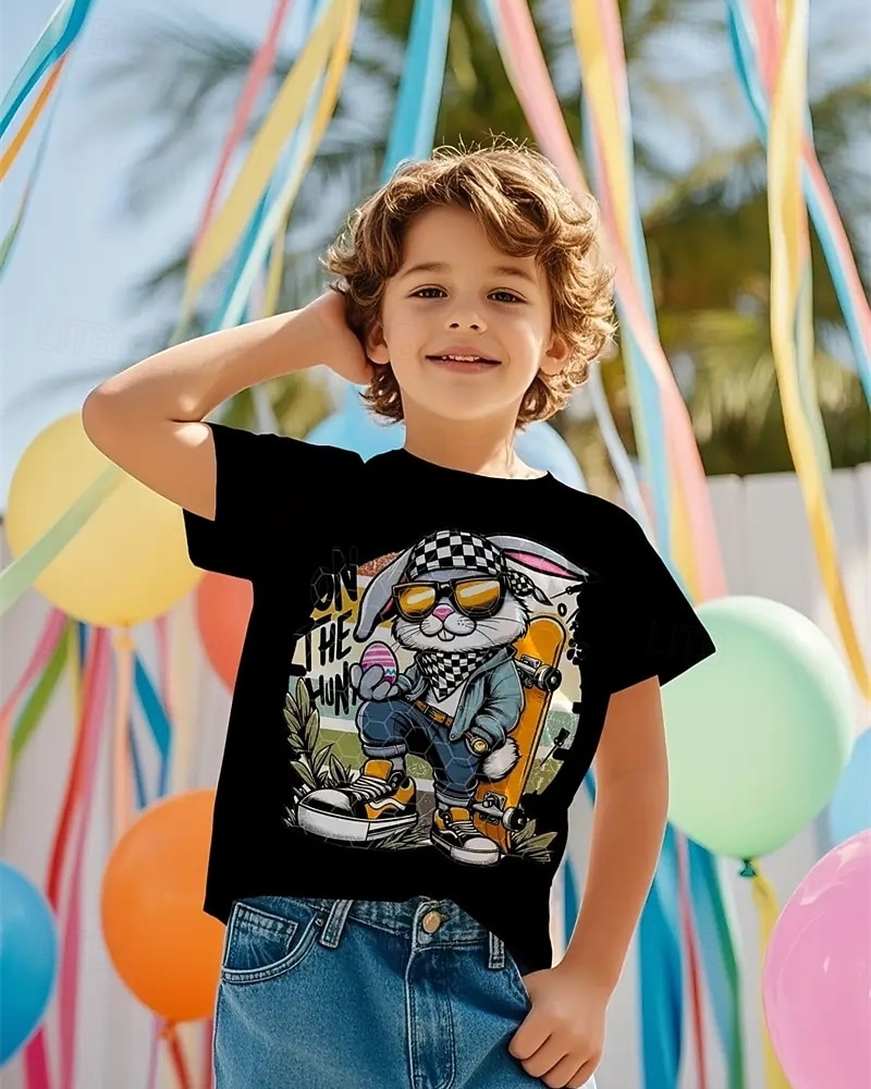2026年 男の子 3D バニー Tシャツ Ｔシャツ 半袖 夏 春 ファッション ベーシック 子供 4〜12年 クルーネック アウトドア カジュアル 日常 レギュラー  コレクション – $15.49 –P2