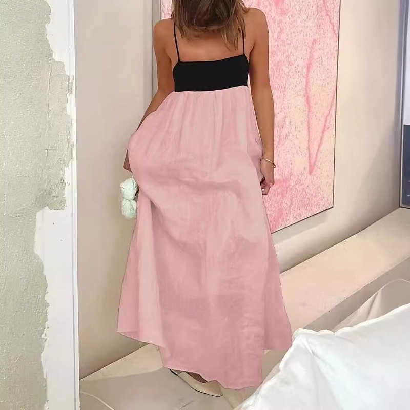 Damen Langes Kleid Maxikleid Leinen-inspirierte Kleider Baumwoll-Leinenkleid Unterkleid Mode Klassisch Täglich Ferien Wochenende Normale Passform Farbblock Ärmellos Spaghettiträger Schwarz Rosa 2025 - $32.99 –P4