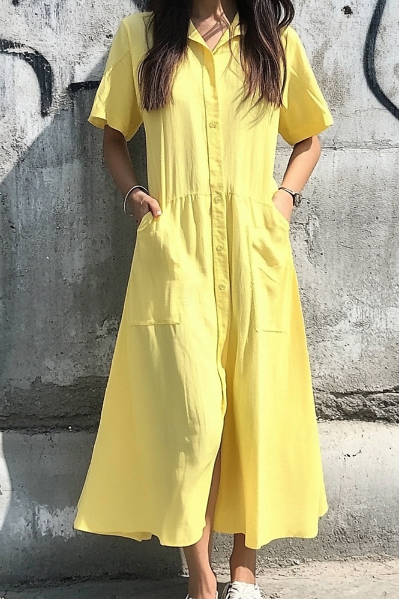 Damskie Sukienka midi Sukienki inspirowane lnem Bawełniana lniana sukienka Moda Klasyczny Urlop Wyjściowe Weekend Regularny Równina Krótki rękaw Kołnierzyk koszuli Jasnoróżowy Żółty Zielony 2025 - $32.99 –P3