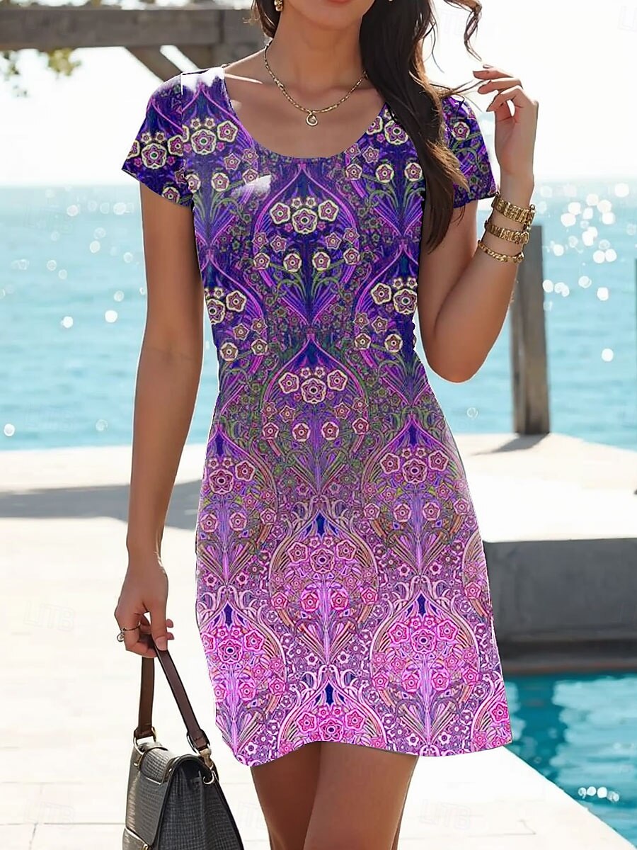 Women's Mini Dress T Shirt Dress Tee Dress A Line Dress Summer Dress Casual Daily Regular Fit Graphic Paisley Short Sleeve Crewneck Pink Red Blue Summer Spring 2025 - $23.99 –P3