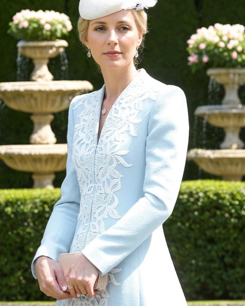 Robe mère de la mariée colonne/vêtement élégant vintage simple col en V longueur thé en crêpe dentelle à manches longues avec appliques robe midi de 2025 ? $158.99 –P2