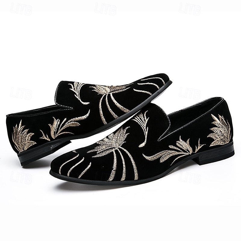 chaussures de bal pour hommes - mocassins en velours noir avec motif de blé brodé doré pour les occasions formelles de 2025 ? $42.99 –P4