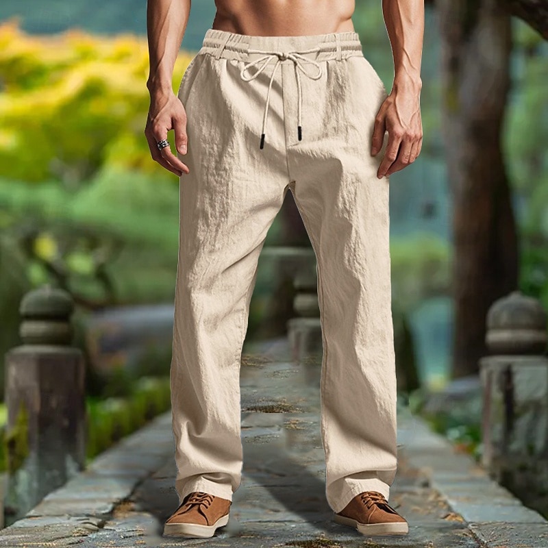 Men's Linen Pants Trousers Summer Pants Beach Pants Drawstring Elastic Waist Straight Leg Plain Comfort Breathable Full Length Outdoor Casual Daily Fashion Retro Vintage Black White 2025 - $23.99 –P1