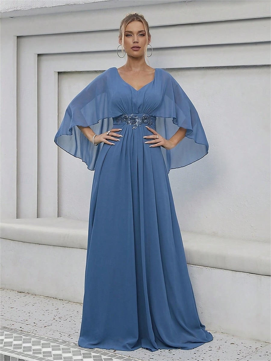 Dress Mother of the Bride Dress Elegant Party V Neck Floor Length Polyester Half Sleeve with Appliques 2025 2025 - $82.99 –P5