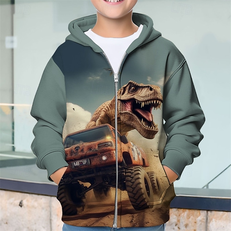 Pojkar 3D Dinosaurie Huvtröja Kappa Ytterkläder Långärmad Vår Höst Förtjusande Sport Barn 4-12 år Blixtlås Gata Dagligen Normal 2025 - $18.99 –P2