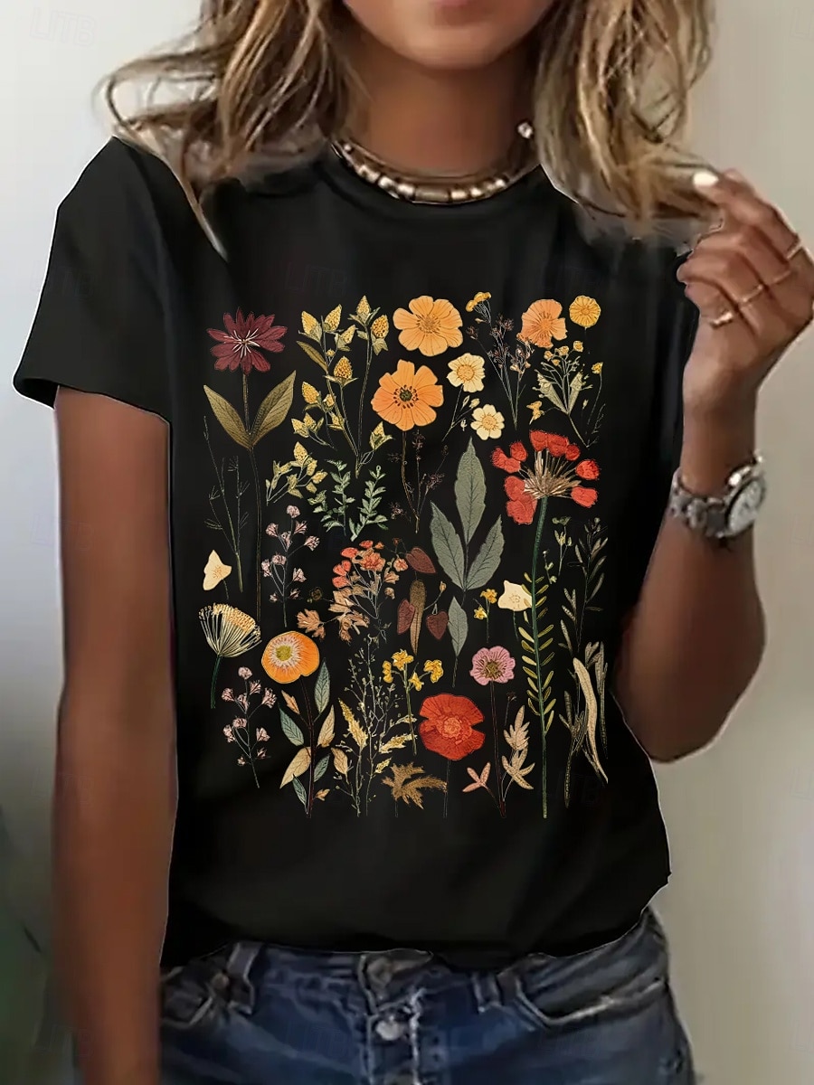 Women's T Shirt Print Floral Basic Short Sleeve Round Neck Regular Tops Daily Weekend Black White Gray Summer 2026 - $21.99 –P4