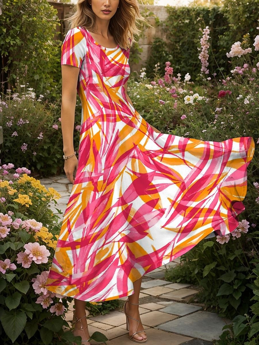 Femmes Robe maxi Robe Décontractée Robe trapèze Robe d'été Vacances ancien Ethnique Coupe régulière Graphique Feuille Géométrique Manche Courte Col carré Jaune Rouge Bleu Violet Été Printemps de 2025 ? $31.99 –P1