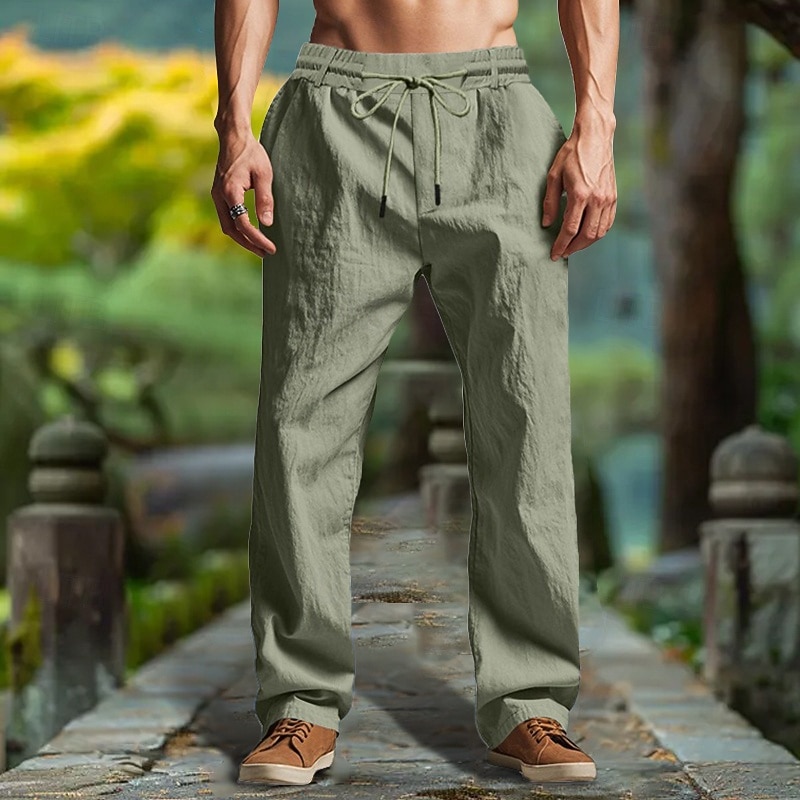 Men's Linen Pants Trousers Summer Pants Beach Pants Drawstring Elastic Waist Straight Leg Plain Comfort Breathable Full Length Outdoor Casual Daily Fashion Retro Vintage Black White 2025 - $23.99 –P3