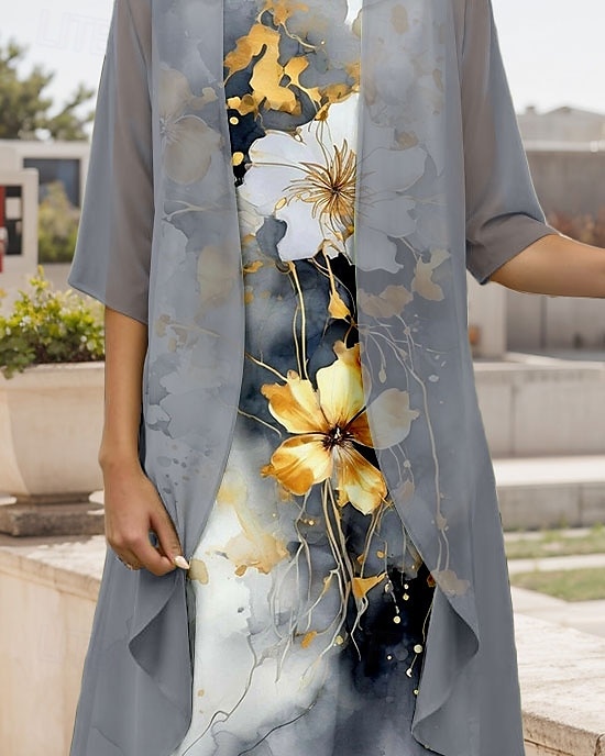 Women's Graduation Midi Dress 2 Pieces Dress Set A Line Dress Summer Dress Vacation Casual Floral Graphic Pleated Print Half Sleeve Crew Neck Vacation Daily Gray Spring Fall Regular Fit 2025 - $36.99 –P3