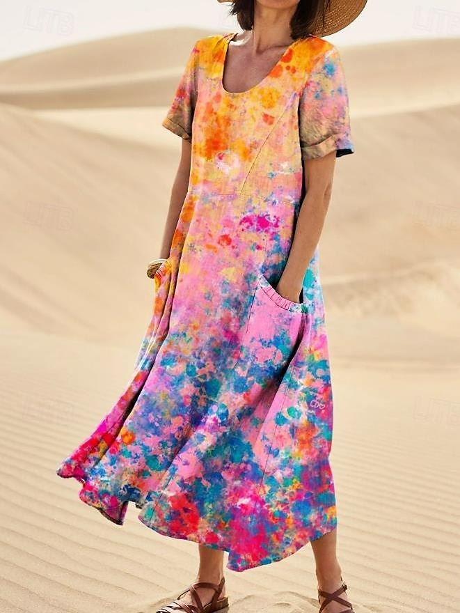 Femmes Robe Midi Robe d'Été Robe trapèze Vacances Occasionnel Boho Sortir Plage Graphique Manche Courte Col Rond Frêne Bleu Orange Vert Été Printemps de 2025 ? $29.99 –P2