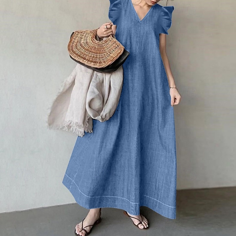 Femmes Robe Midi Robes inspirées du lin Robe en jean Robe en coton et lin Mode Classique Moderne Quotidien Sortir Plage Coupe régulière Uni Manche Courte Col en V Noir Bleu de minuit Bleu clair Été de 2025 ? $28.99 –P1