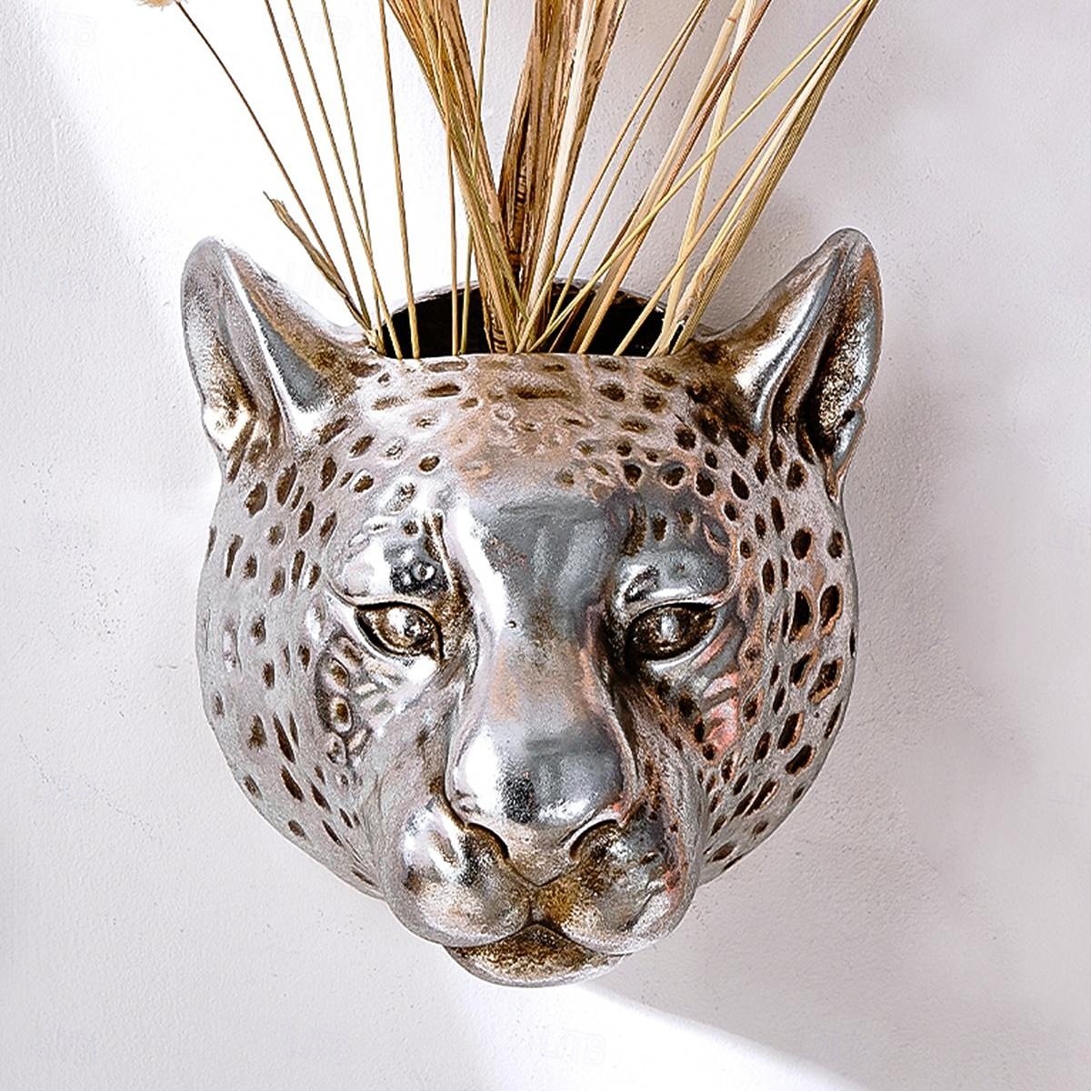 dekoracja ścienna w stylu vintage z głową lamparta w kolorze złotym i srebrnym, powierzchnia z folii w kolorze złotym i srebrnym, wiszący na ścianie wazon na kwiaty i schowek, kreatywna, słodka sztuka 2026 - $16.49 –P9