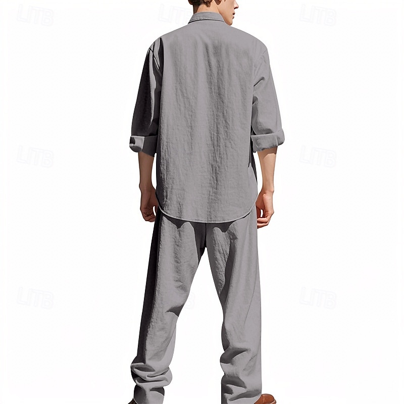 Men's T-shirt Suits Shirt and Pant Sets 2 Pieces Outfits Long Sleeve Stand Collar Summer Spring Plain Fashion Casual 2 Piece Vacation Daily Wear Going out Black White Blue Top Tee for Men 2025 - $48.99 –P18