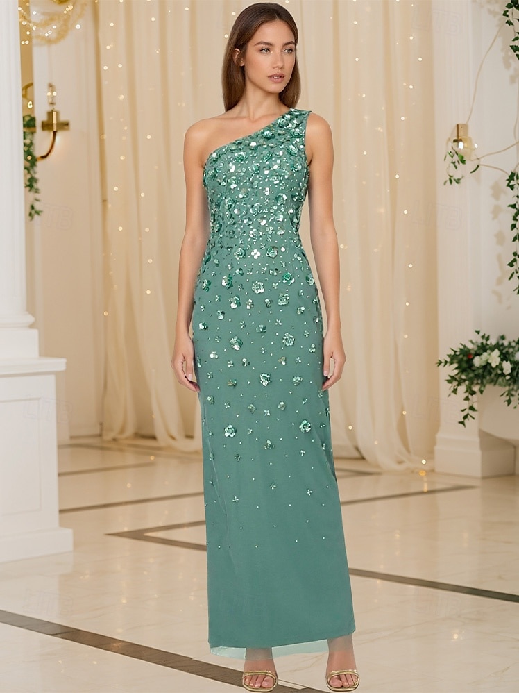 Sheath / Column Beaded Gown Celebrity Style Dress Formal Wedding Guest Floor Length Sleeveless One Shoulder Chiffon with Flowers Beading Sequin Slit 2025 - $164.99 –P1