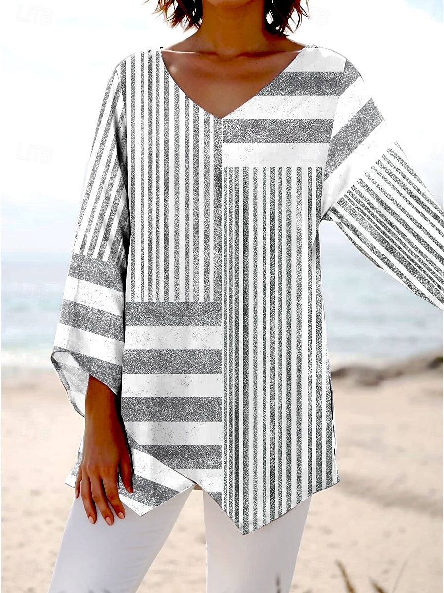 Dame Bluse Grafisk Stripet Stilfull Strandstil Kortermet V-hals Vanlige topper Daglig Trykt mønster Rosa Blå Grå Vår Høst 2025 - $25.99 –P1