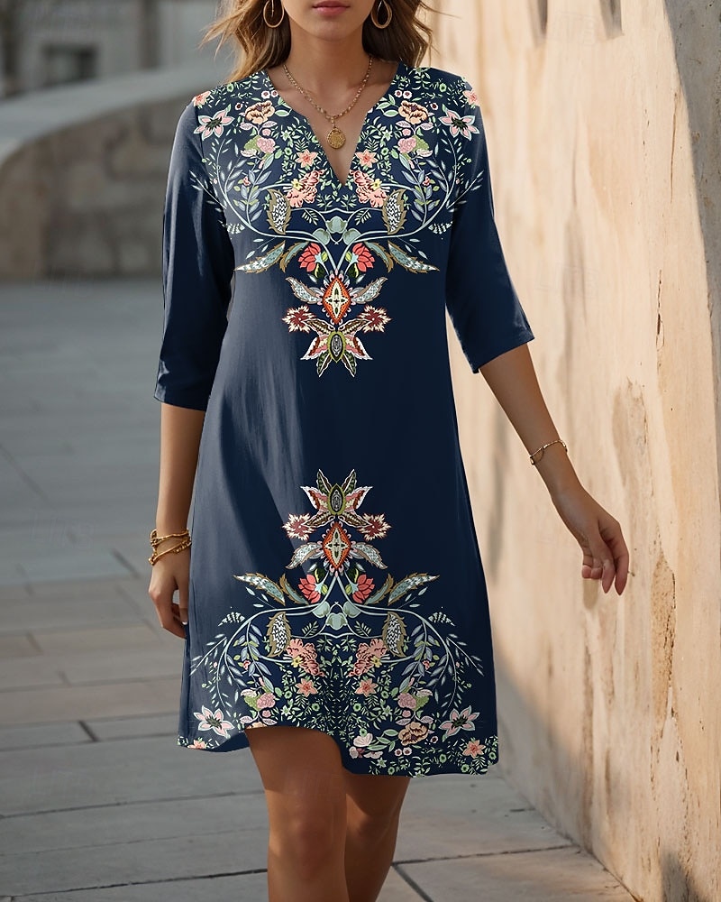 Robe Mini Femme Robe Shift Formelle Vacances Quotidien Ajustement Régulier Floral Graphique Manches 3/4 Col V Bleu Violet Vert Été Printemps de 2025 ? $25.99 –P1