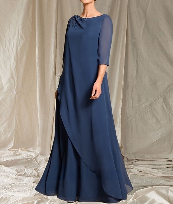 A-linja Morsiamen äidin mekko Häiden vieras Elegantti Crew-kaula-aukko Lattianpituinen Chiffon 3/4-pituisella hihalla Helmiäistyksellä 2025 - $167.99 –P3