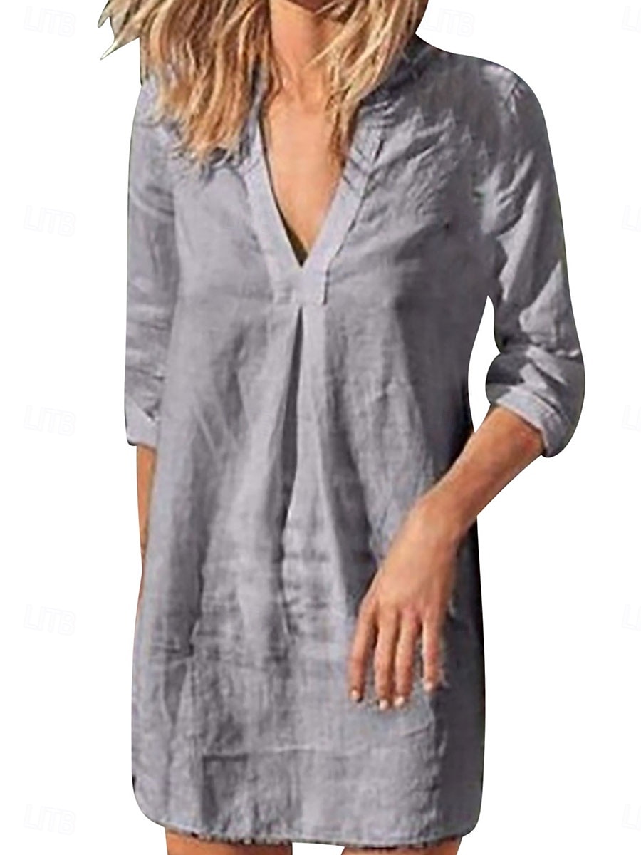 Women's Mini Dress Shift Dress Linen Casual Daily Regular Fit Graphic Long Sleeve V Neck Black White Wine Gray Summer 2025 - $19.99 –P1