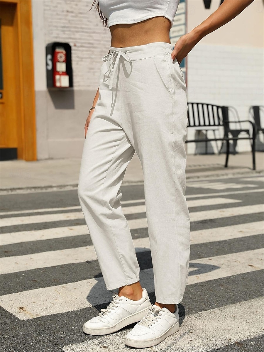 Women's Baggy Pants Chinos Fashion Streetwear Full Length Medium Waist Plain Pocket Drawstring Comfy Soft Comfortable Linen Like Micro-elastic Outdoor Street Black White Army Green Khaki Summer 2025 - $25.99 –P1