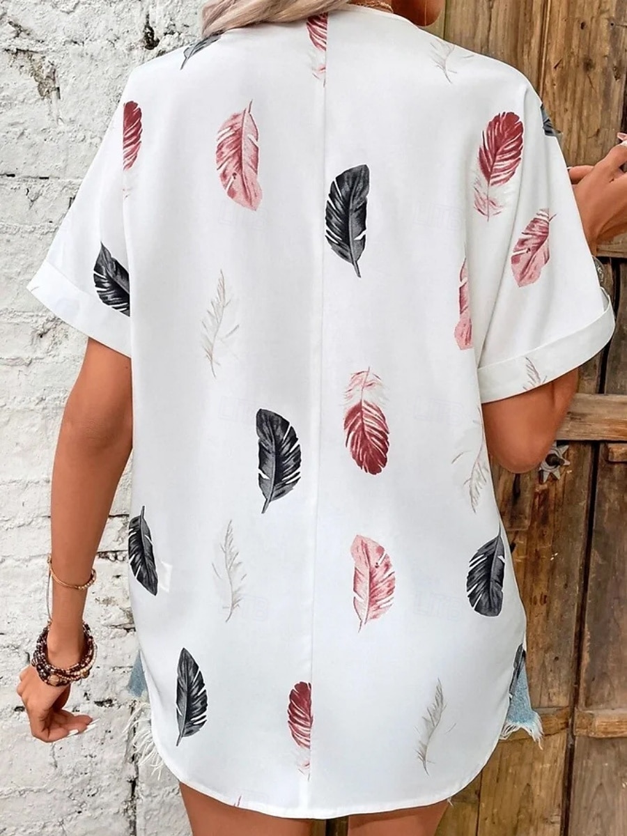 Women's Shirt Feather Stylish Casual Short Sleeve Shirt Collar Regular Tops Daily Buttons Print Black White Pink Wine Blue Summer Spring 2025 - $19.99 –P3
