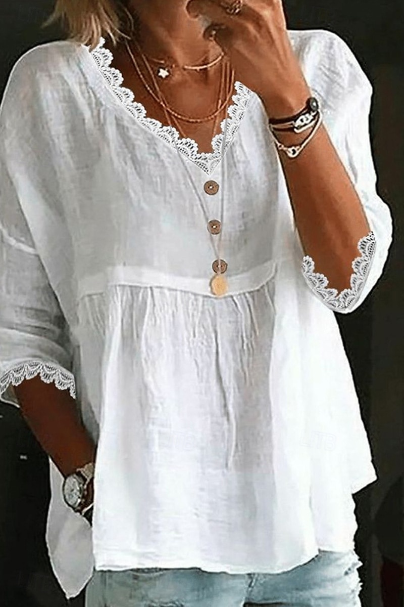 Mujer Camisa Camisas de algodón y lino Blusa Plano Básico Moderno Casual Manga 3/4 Escote en Pico Tops regulares Diario Festivos Noche Frunce Blanco Rosa Azul claro Verano 2025 - $22.99 –P1