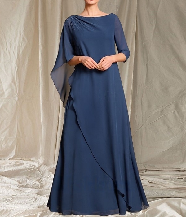 A-linja Morsiamen äidin mekko Häiden vieras Elegantti Crew-kaula-aukko Lattianpituinen Chiffon 3/4-pituisella hihalla Helmiäistyksellä 2025 - $167.99 –P1