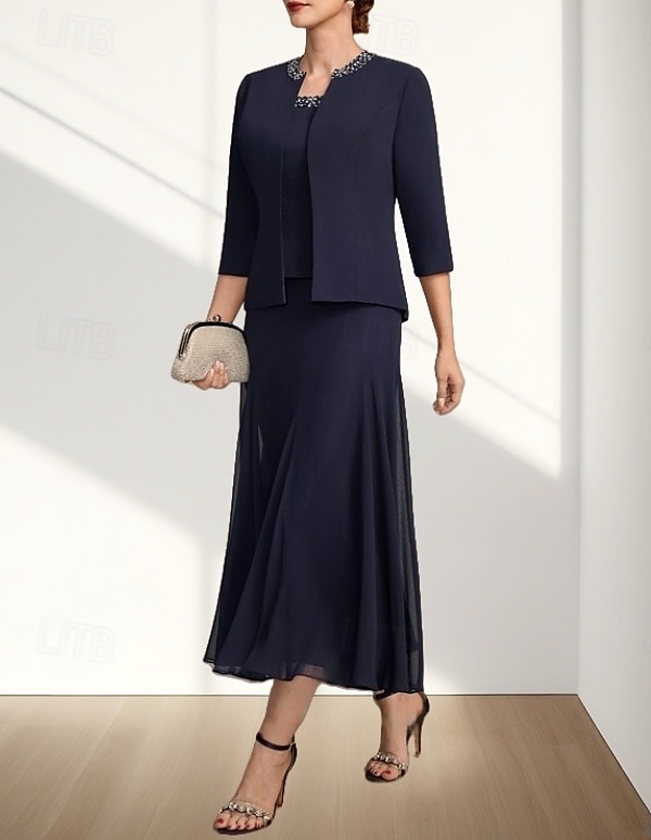 Two Piece A-Line Mother of the Bride Dress Wedding Guest Elegant Crew Neck Tea Length Chiffon 3/4 Length Sleeve with Beading Midi Dress 2025 - $157.99 –P2