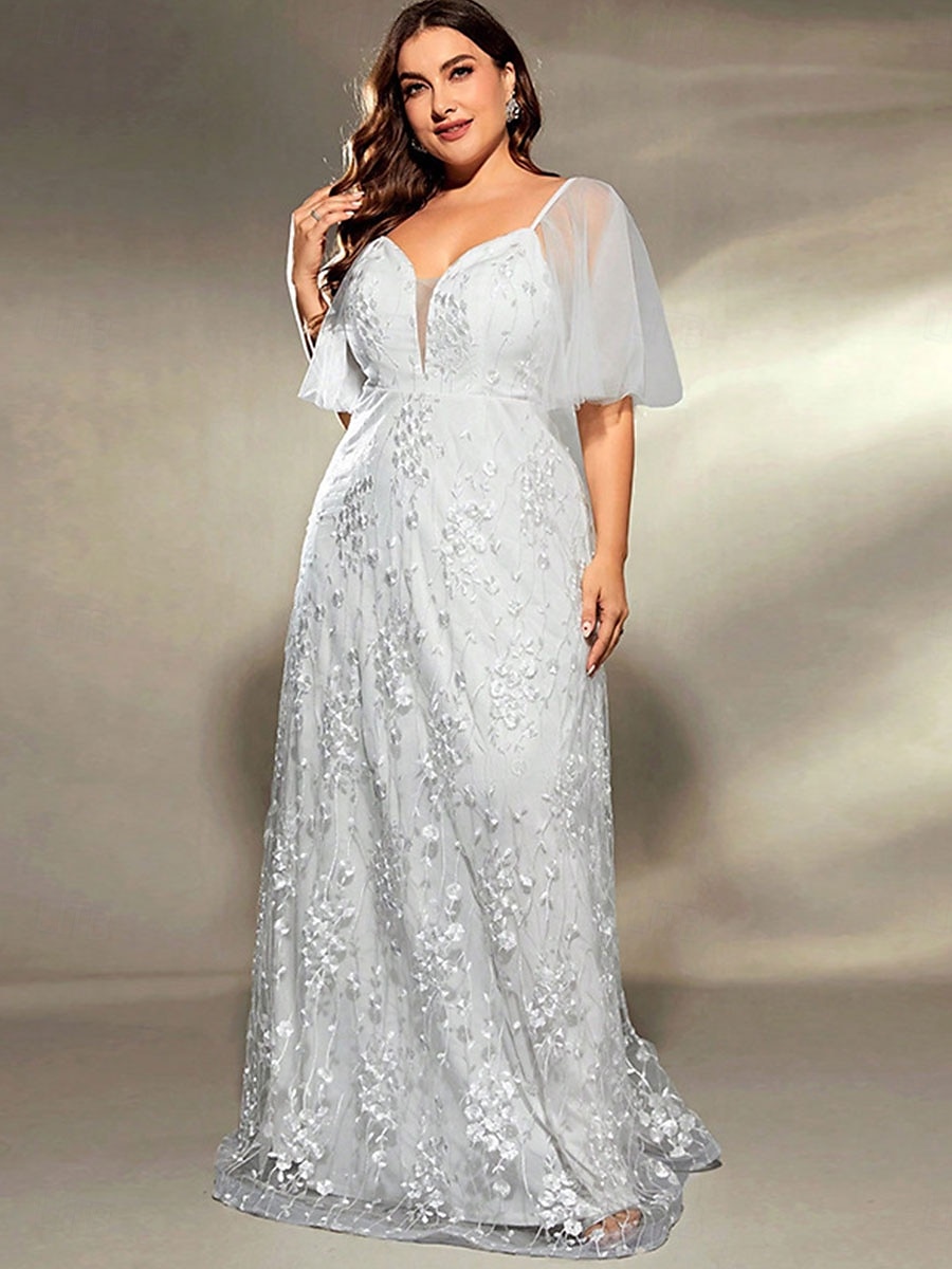 Plus Size Jurk Moeder van de Bruid Curve Jurk Elegant V Hals Vloerlengte Polyester Korte Mouw met Kant 2025 - $89.99 –P1