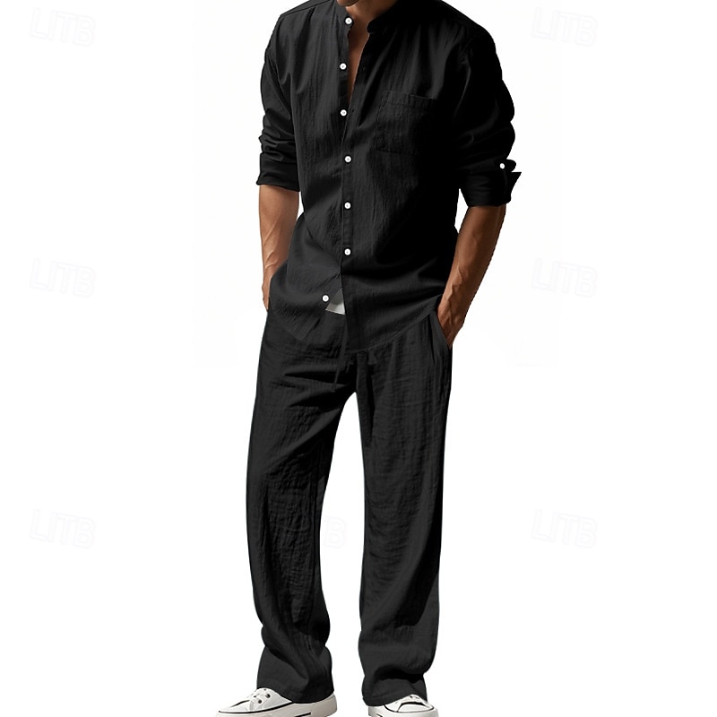 Men's T-shirt Suits Shirt and Pant Sets 2 Pieces Outfits Long Sleeve Stand Collar Summer Spring Plain Fashion Casual 2 Piece Vacation Daily Wear Going out Black White Blue Top Tee for Men 2025 - $48.99 –P14