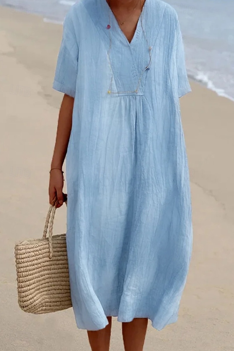 Femmes Robe Midi Robes en coton et lin Robe en coton et lin Mode Classique Moderne Vacances Quotidien Fête Coupe régulière Uni Manche Courte Col en V Vert Claire Rose Claire Bleu Vert Été de 2025 ? $26.99 –P2