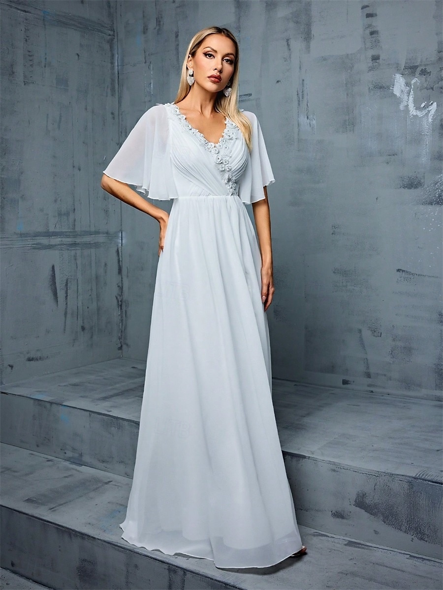 Kleid Brautmutterkleid Elegant V-Ausschnitt Bodenkörper Polyester Halber Ärmel mit Einfarbig 2025 - $89.99 –P4