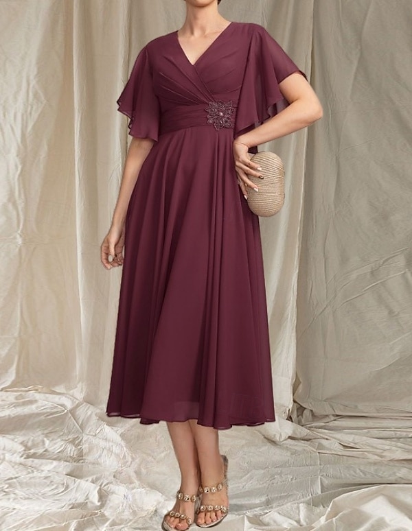A-Linie Brautmutterkleid Hochzeitsgast Elegant V-Ausschnitt Tee-Länge Chiffon Kurzarm mit Applikationen Raffung Midi-Kleid 2025 2025 - $164.99 –P3