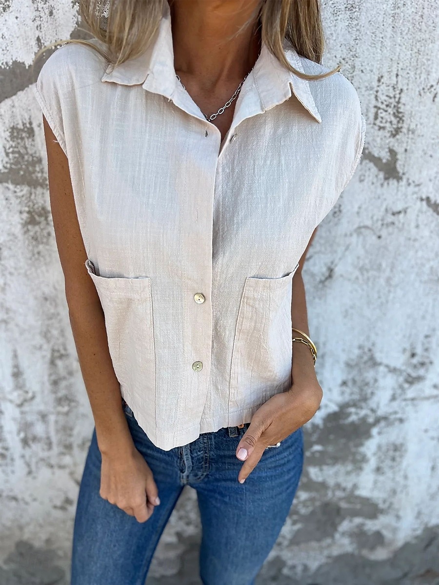 Camisola Feminina de Linho e Algodão Top Sem Mangas Cor Sólida Básica Casual Manga Curta Gola Redonda Ajuste Regular Diária Botões Bolsos Branco Azul Marinho Damasco Azul Claro Verão de 2025 por $18.99 –P1