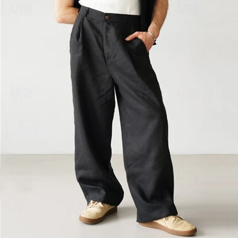 Herr Linne Byxor Långbyxor Sommarbyxor Strandbyxor Knappar Ficka Slät Komfort Andningsfunktion Semester Dagligen Helgdag Hawaiisk Boho Svart Kaki 2025 - $23.99 –P4