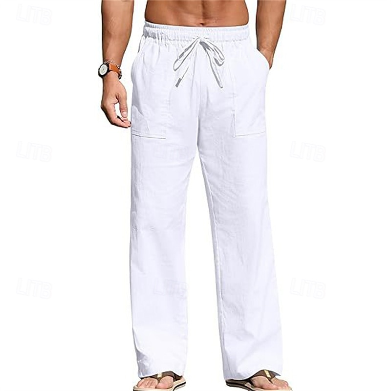 Men's Linen Pants Trousers Summer Pants Beach Pants Pocket Drawstring Elastic Waist Plain Comfort Breathable Vacation Daily Holiday Hawaiian Boho Black White 2025 - $18.99 –P2