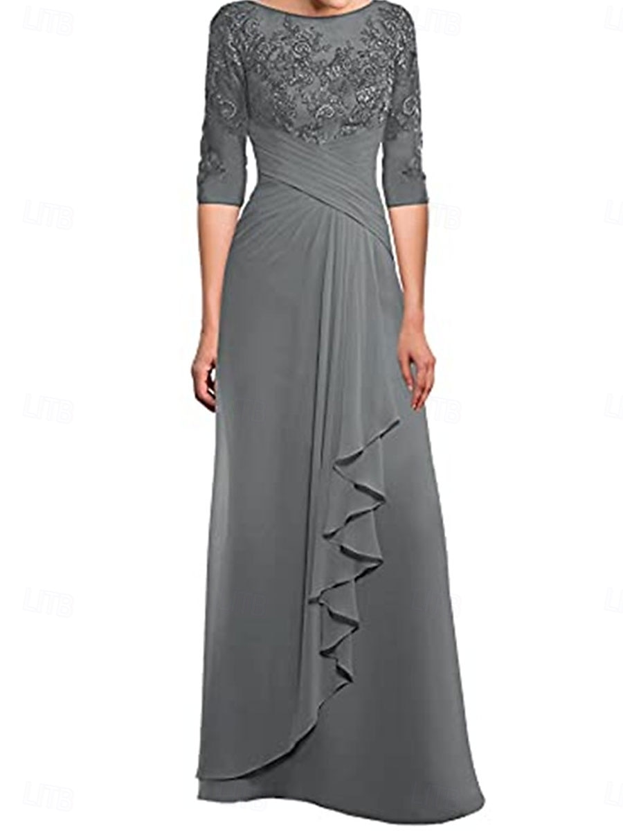 Kleid Mutter der Braut Kleid Elegantes Rundhalsbodenlänge Polyester 3/4 Ärmel mit einfarbig 2025 - $129.99 –P6