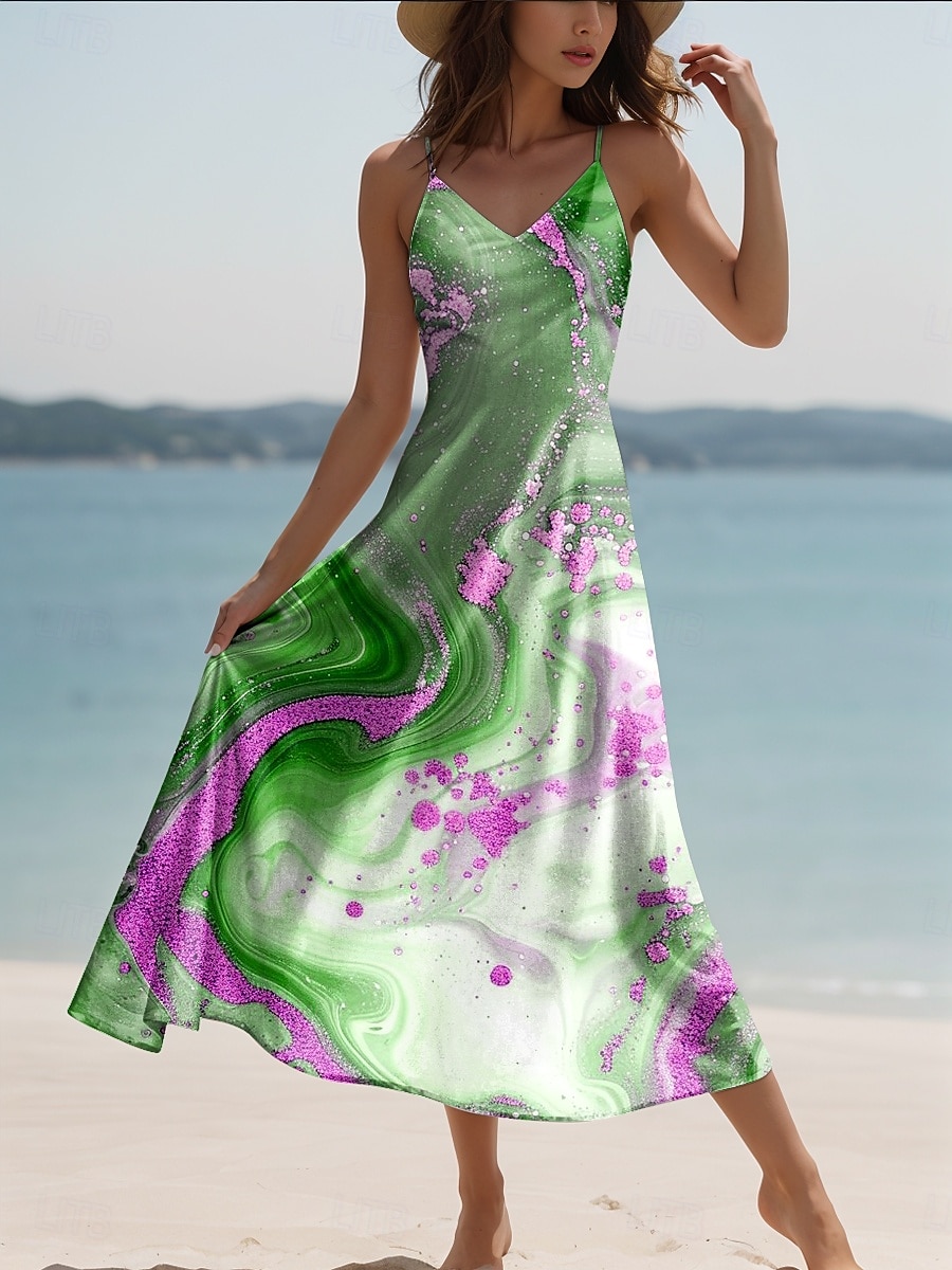Damskie Sukienka maxi Codzienne sukienki Sukienka A line Sukienka na ramiączkach Elegancja Urlop Elegancki Codzienny Regularny Ombre Abstrakcja Marmurowy nadruk Bez rękawów W serek Czerwonobrązowy 2025 - $31.99 –P5