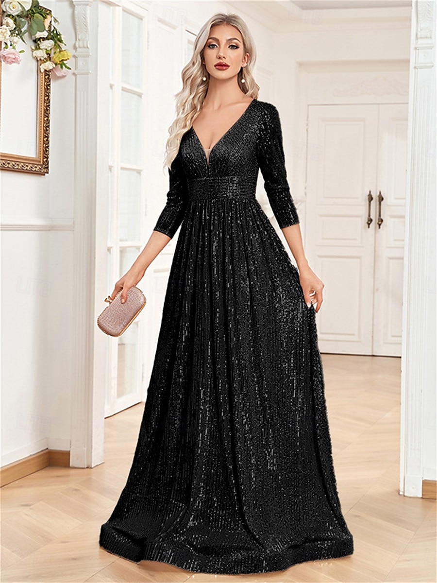 A-linjade Quinceanera Klänningar Elegant Klänning Bröllop Bröllop Gäst Golvlång 3/4 Lång Ärm V-hals Bomull med Strass 2025 - $105.99 –P9