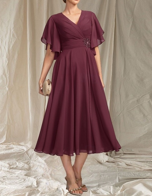 A-Linie Brautmutterkleid Hochzeitsgast Elegant V-Ausschnitt Tee-Länge Chiffon Kurzarm mit Applikationen Raffung Midi-Kleid 2025 2025 - $164.99 –P4