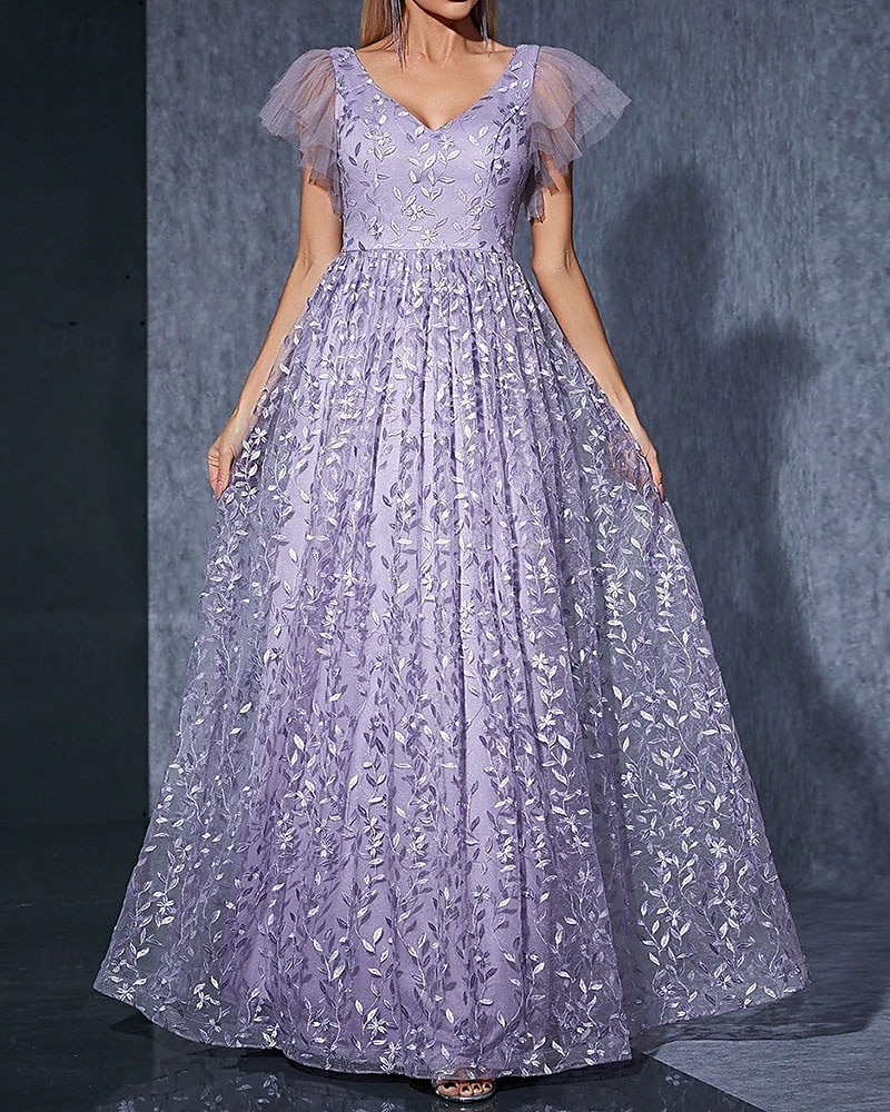 Kleid Mutter der Braut Kleid elegantes lässiges V-Ausschnitt bodenlang Polyester Kurzarm mit Blume 2025 - $104.99 –P4