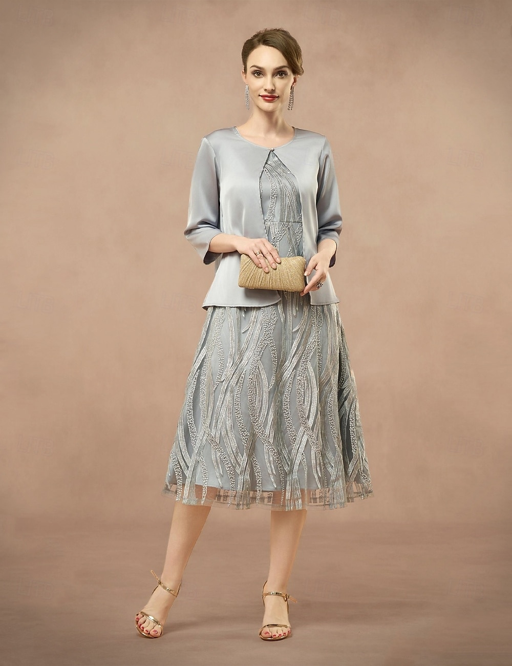 A-Line Mother of the Bride Dress Two Pieces Elegant Jewel Neck Tea Length Lace 3/4 Length Sleeve with Embroidered Lace Applique 2025 2025 - $79.99 –P3