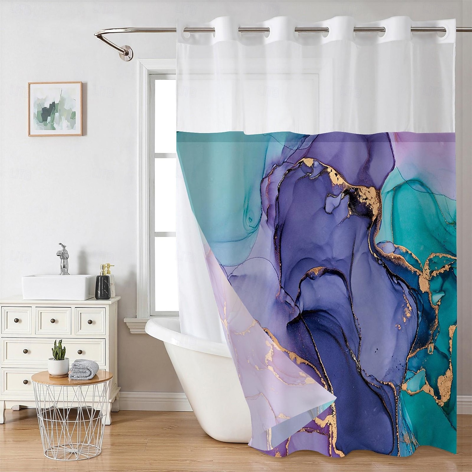 No Hook Shower Curtain 180cm*180cm(70"*70") Leaves Pattern Snap-In Fabric Liner Sheer Top Window Waterproof Double-Layer Bathtub Curtain 2025 - $60.99 –P3