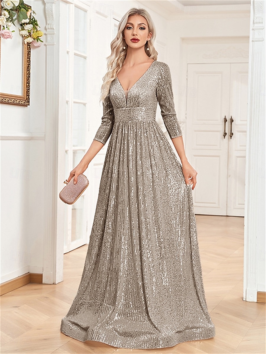 A-linjade Quinceanera Klänningar Elegant Klänning Bröllop Bröllop Gäst Golvlång 3/4 Lång Ärm V-hals Bomull med Strass 2025 - $105.99 –P1