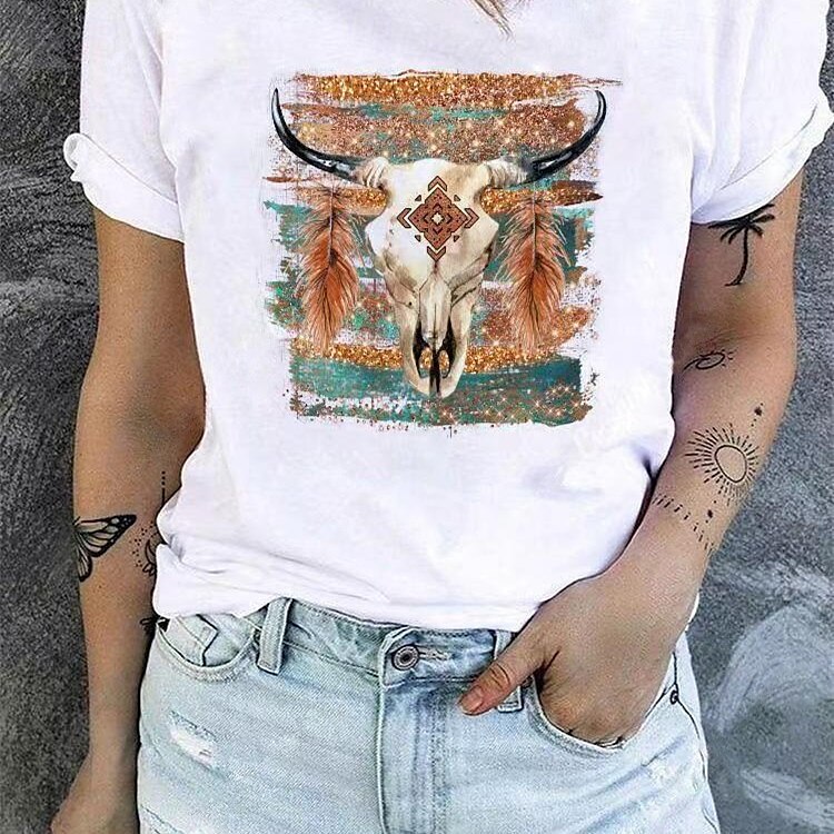 Women's Summer Tops Graphic Tribal Fashion Western Casual Short Sleeve Round Neck Regular Tops Daily Going out Weekend Patchwork Print White Summer Spring 2025 - $15.99 –P3