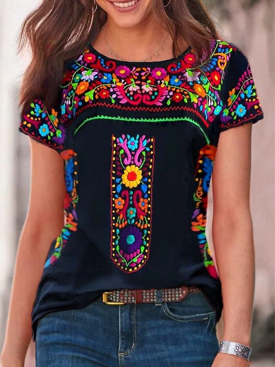 Women's T Shirt Peasant Blouse Floral Bohemia Active Western Short Sleeve Crew Neck Regular Tops Daily Print Black Wine Blue Gray Summer 2025 - $13.99 –P6