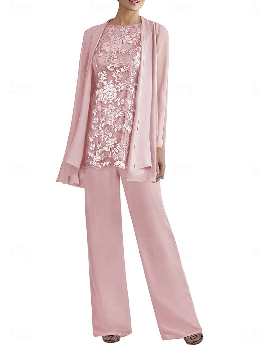 Dreiteilig Hosenanzug Brautmutterkleid Elegant Rundhalsausschnitt Bodenlang Polyester Langarm mit Perlenstickerei 2025 2025 - $99.99 –P10