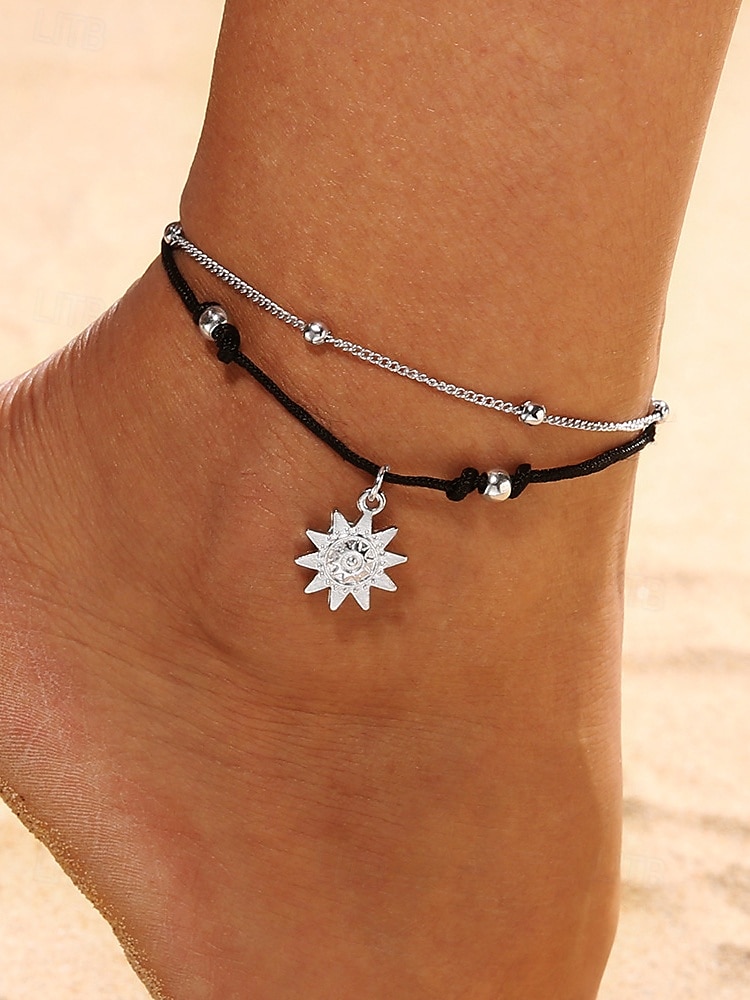 boho sun charm nilkkakoru naisille – säädettävä kerroksittainen rantajalkakoru, hopeaketju & musta nyöri nilkkaranneke kesään, lomaan ja päivittäiseen käyttöön 2025 - $7.99 –P1