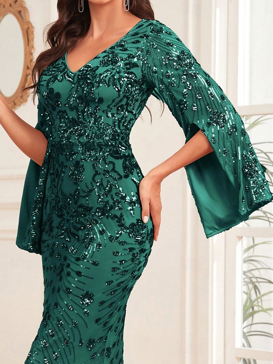 Havfrue  Trompet Quinceanera Kjoler Elegant Kjole Bryllup Bryllups gjest Gulv Lengde Lange Ermer V Hals Spandex med Paljetter 2025 - $129.99 –P9