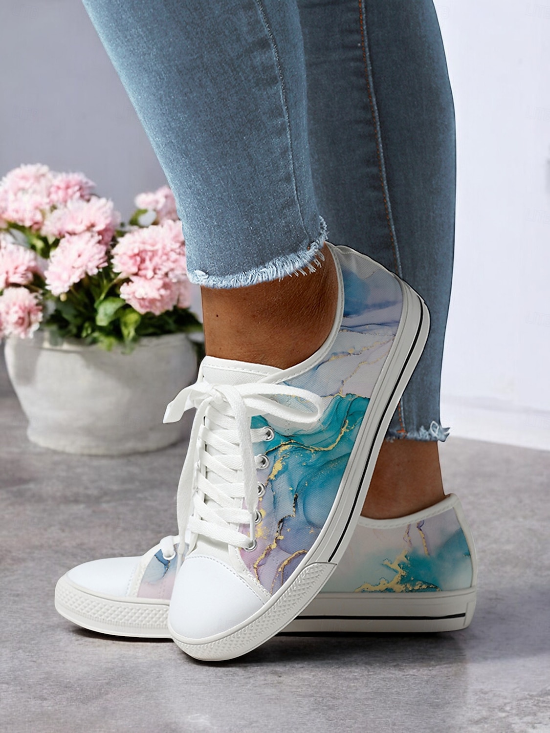 Women's Casual Canvas Sneakers - Stylish Watercolor Marble Print, Lace-Up Low-Top Tennis Shoes for Everyday Wear, Walking & Travel 2025 - $42.99 –P2